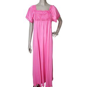 Vintage 70's Rikki New York Pink Nylon Smocked Lace Trim Sweeping Nightg…